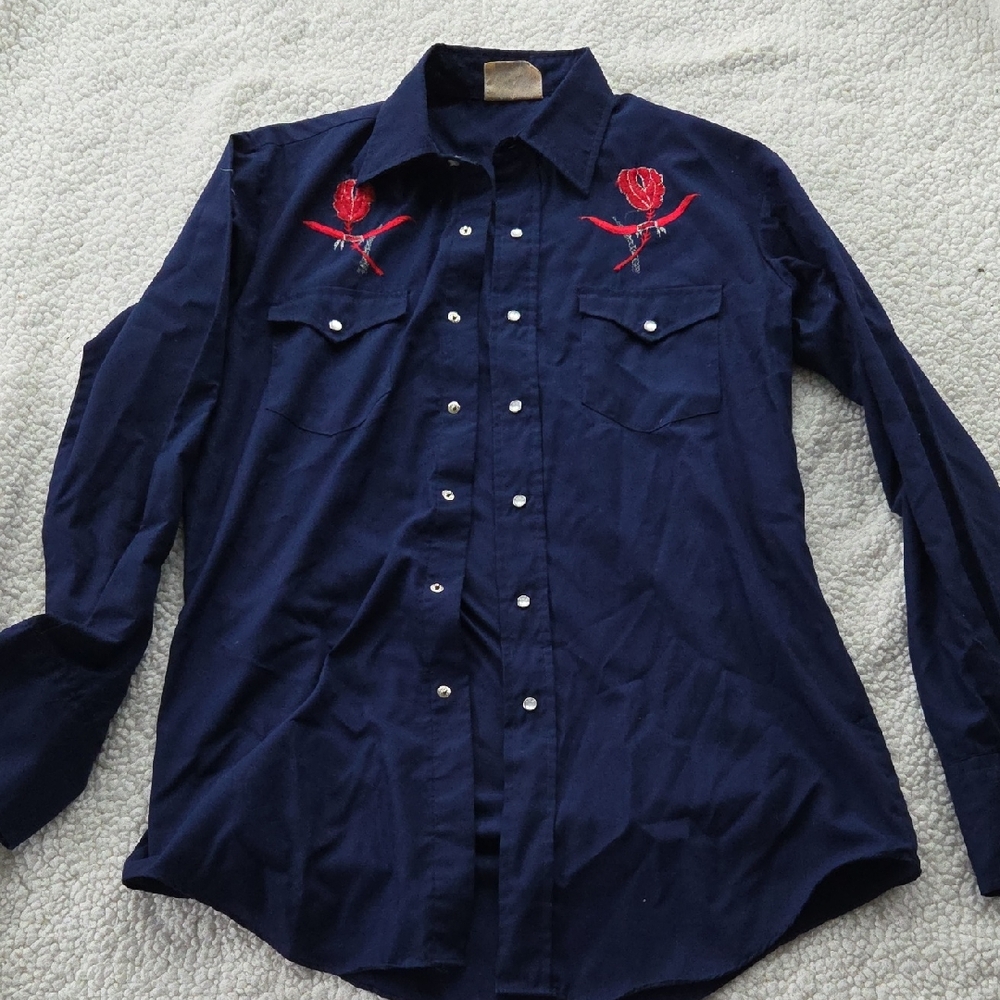 Men's Navy Western Shirt with Red Embroidery Medium Vintage - Picture 1 of 14